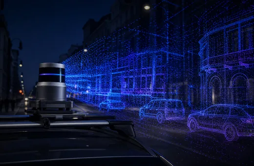 Лидарное сканирование улицы: на автомобиле в облаке точек построен 3D-кубоид
