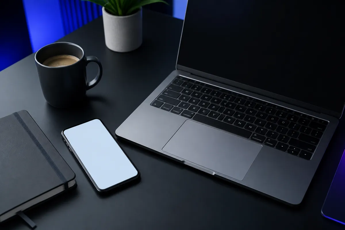 Стол разработчика: экран iPhone обведён рамкой с пометкой, что модель работает прямо на устройстве